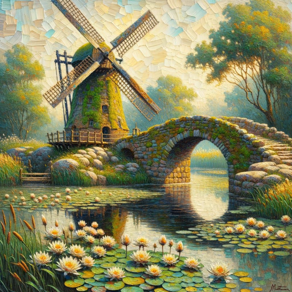 Whimsical Waterfront Scene in Impasto Oil Painting Style