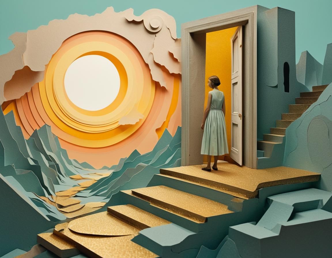 Surreal Paper Collage of Woman in Liminal Space