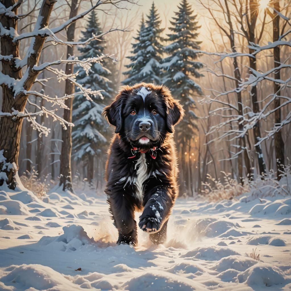 Newfoundland Puppy Playing in Patchy Snow as Impressionist P...