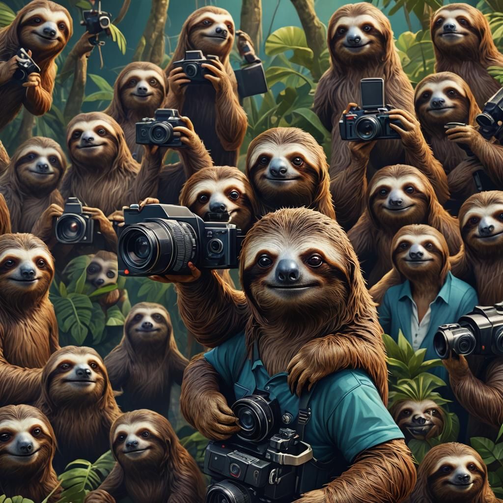 Sloth Celebrity Surrounded by Paparazzi Sloths