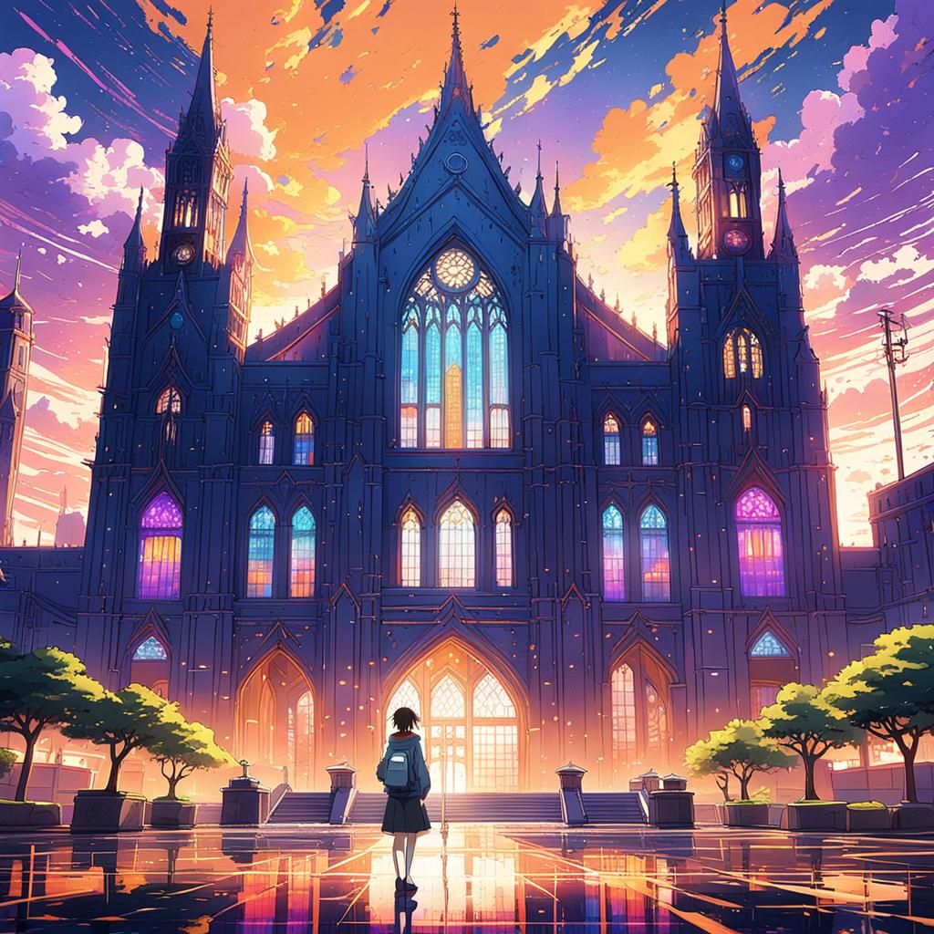 Anime High School Campus in Vibrant Sunset