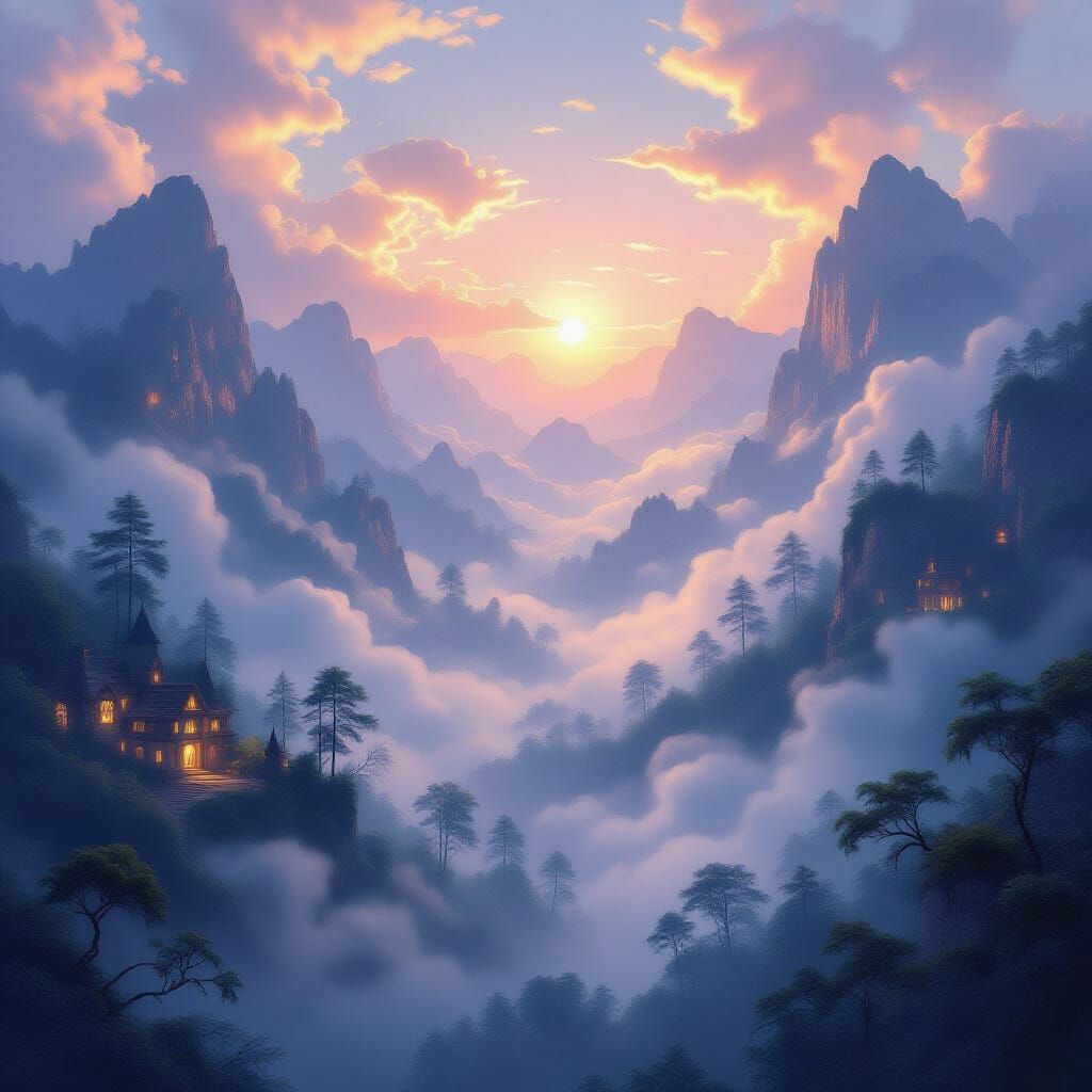 Ethereal Fantasy Landscape with Interacting Mist and Warm Li...