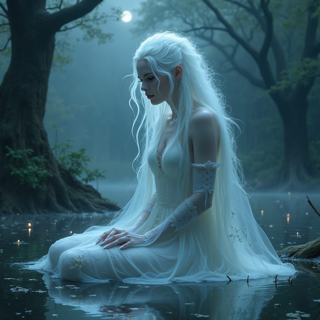 Ethereal Slavic Forest Spirit Mavka Under Blue Moonlight