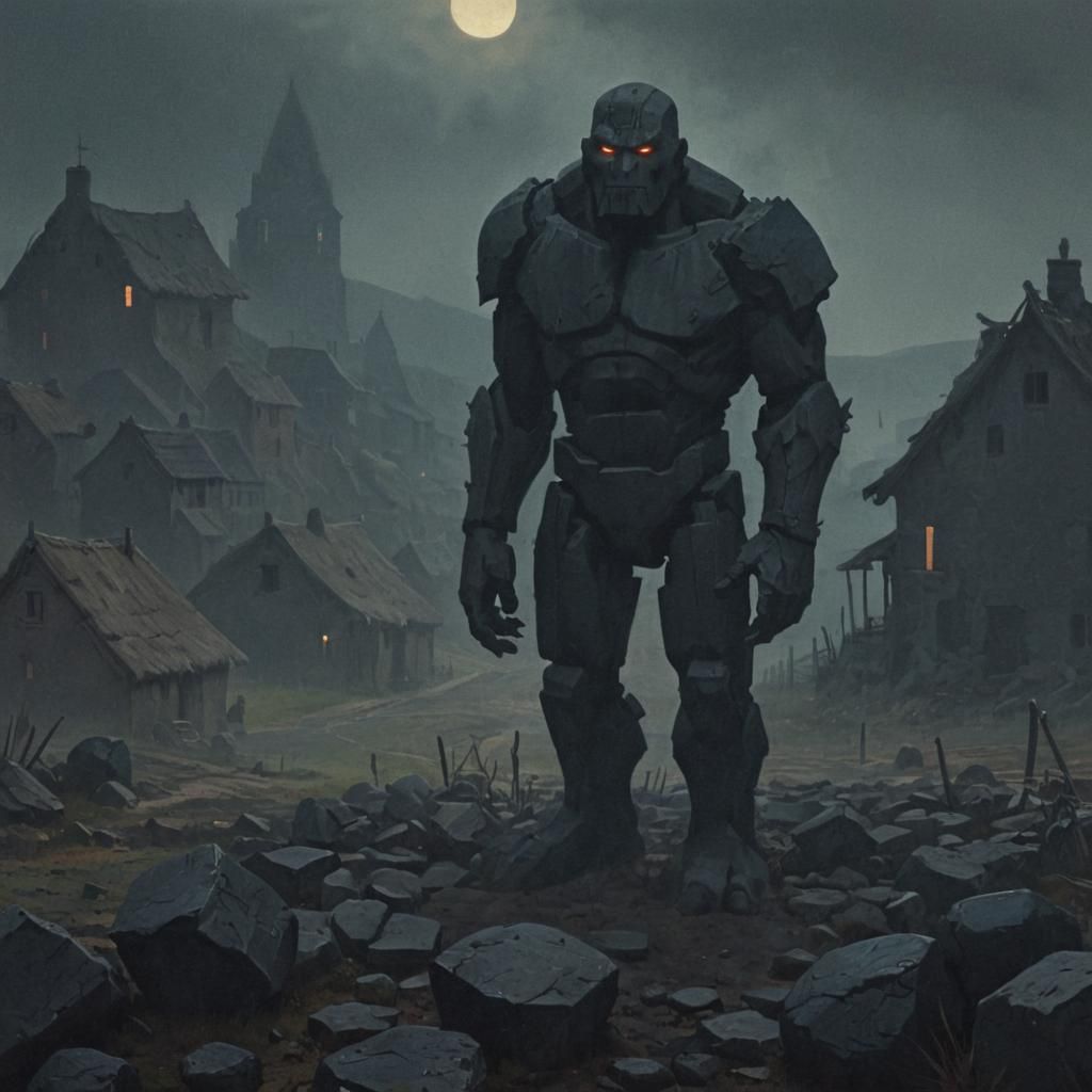 Dark Fantasy Golem Watches Over Village