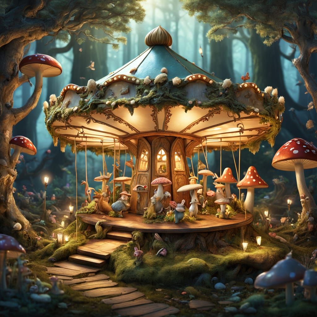 Whimsical Mushroom Carousel with Woodland Creatures