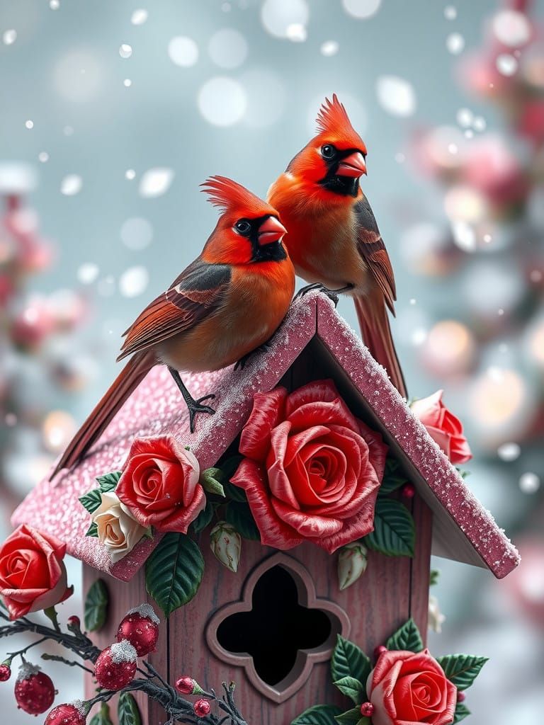 Whimsical Pink Birdhouse with Cardinals and Snow