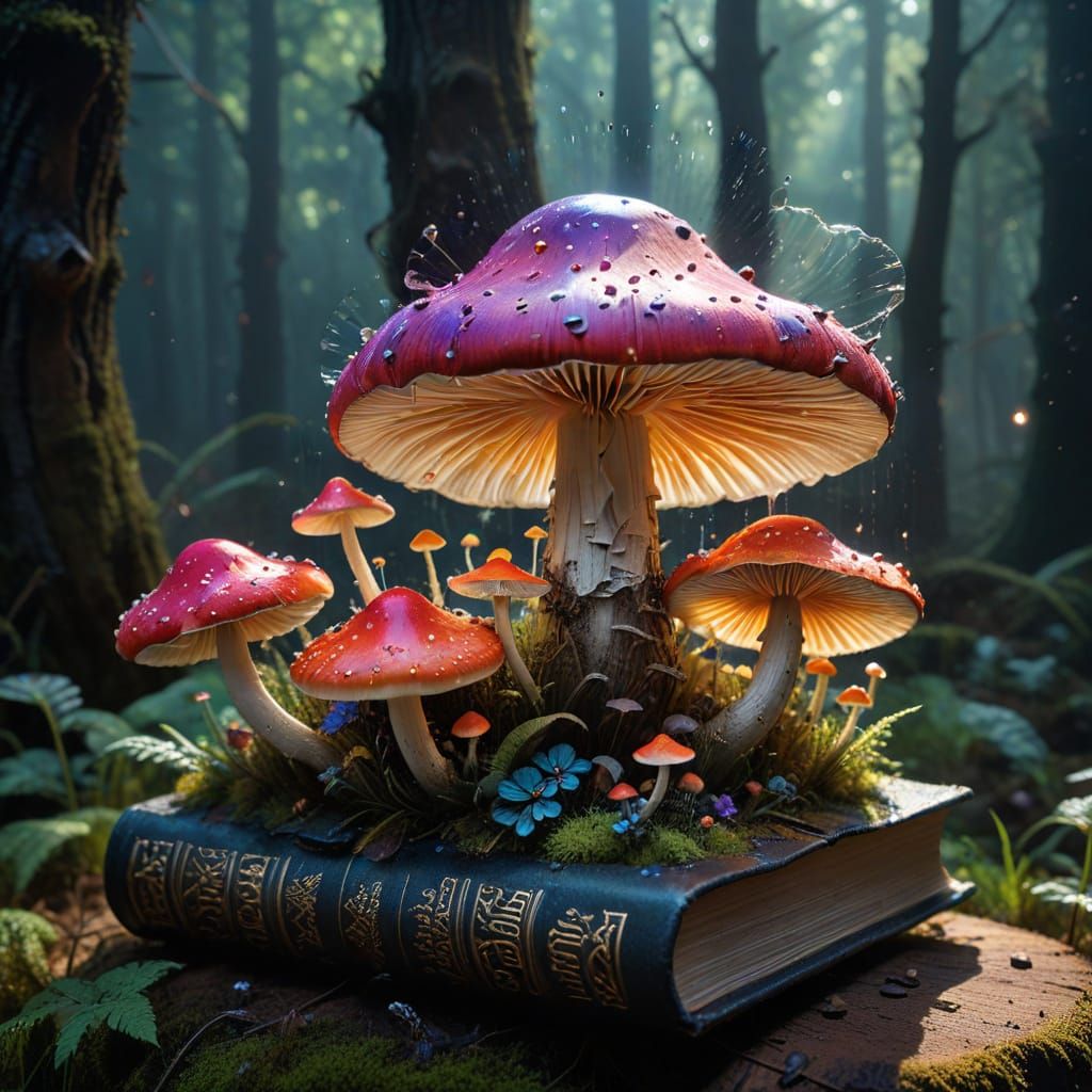Surreal Mushroom Emerges from Ancient Leather-Bound Book in ...