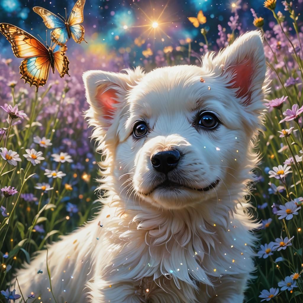 Sparkly Puppy with Butterfly in Enchanted Meadow
