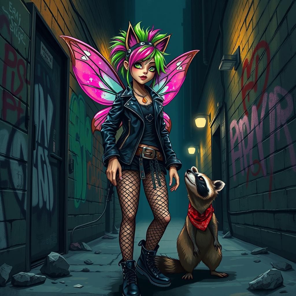 Punk Fairy Princess with Raccoon in Urban Setting