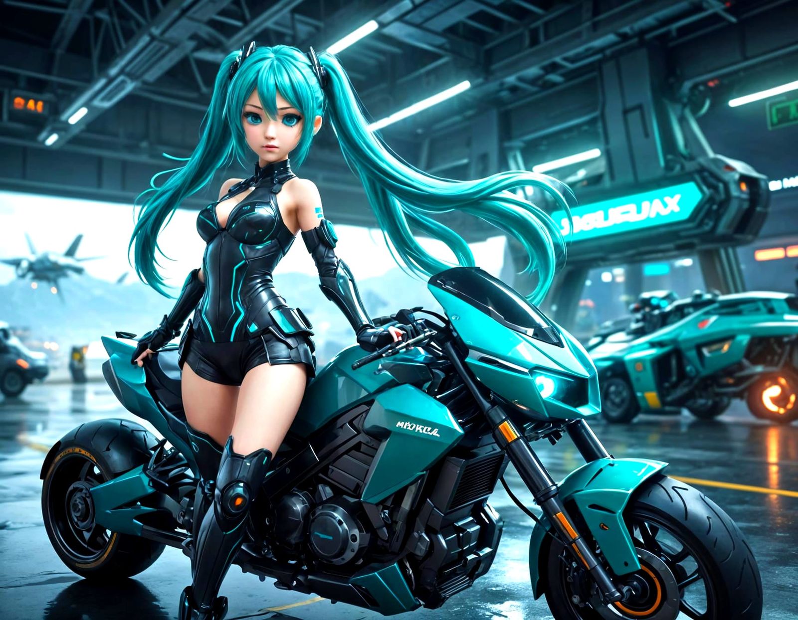 Chibi Hatsune Miku in Cyberpunk Airport