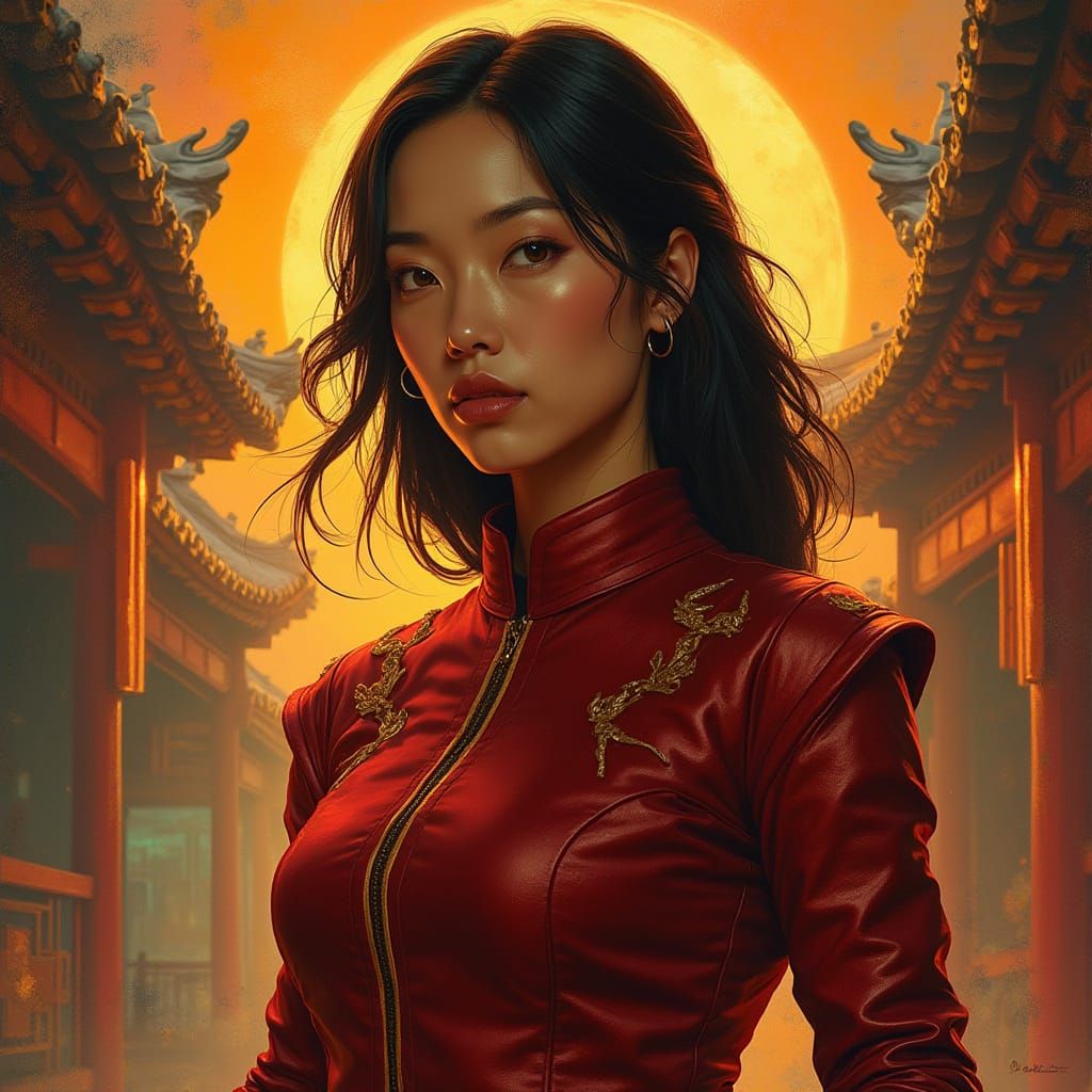 Confident Asian Woman in Elegant Portrait with Golden Accent...