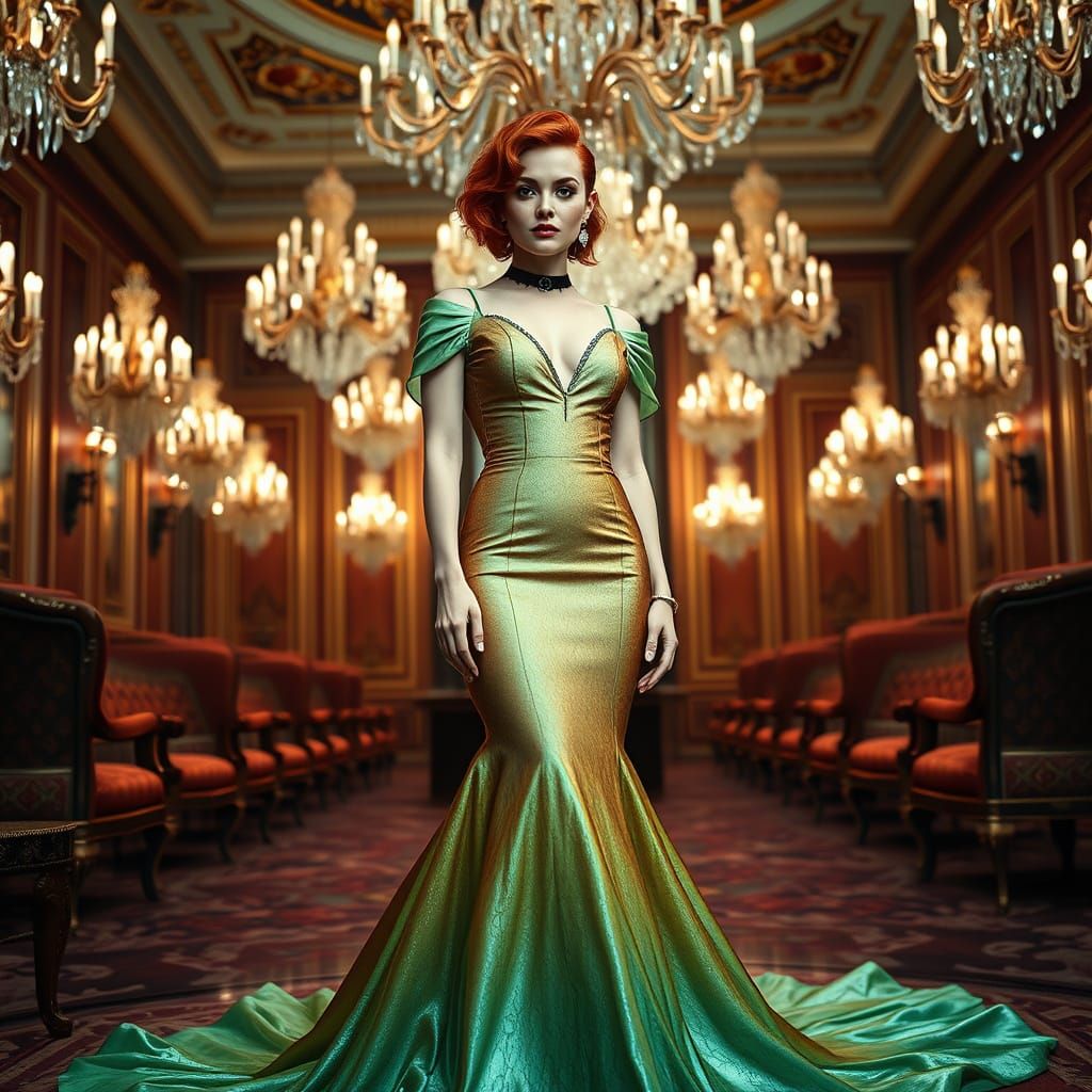 Elegant Woman in Crystal Geode Gown with Opulent Chandeliers
