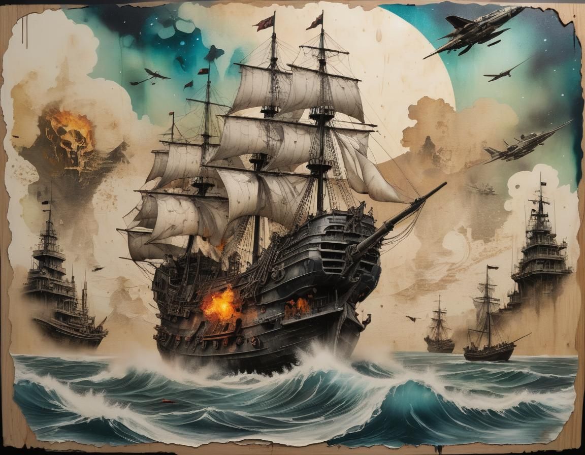 Queen Anne's Revenge in Retro-Futuristic Mixed Media