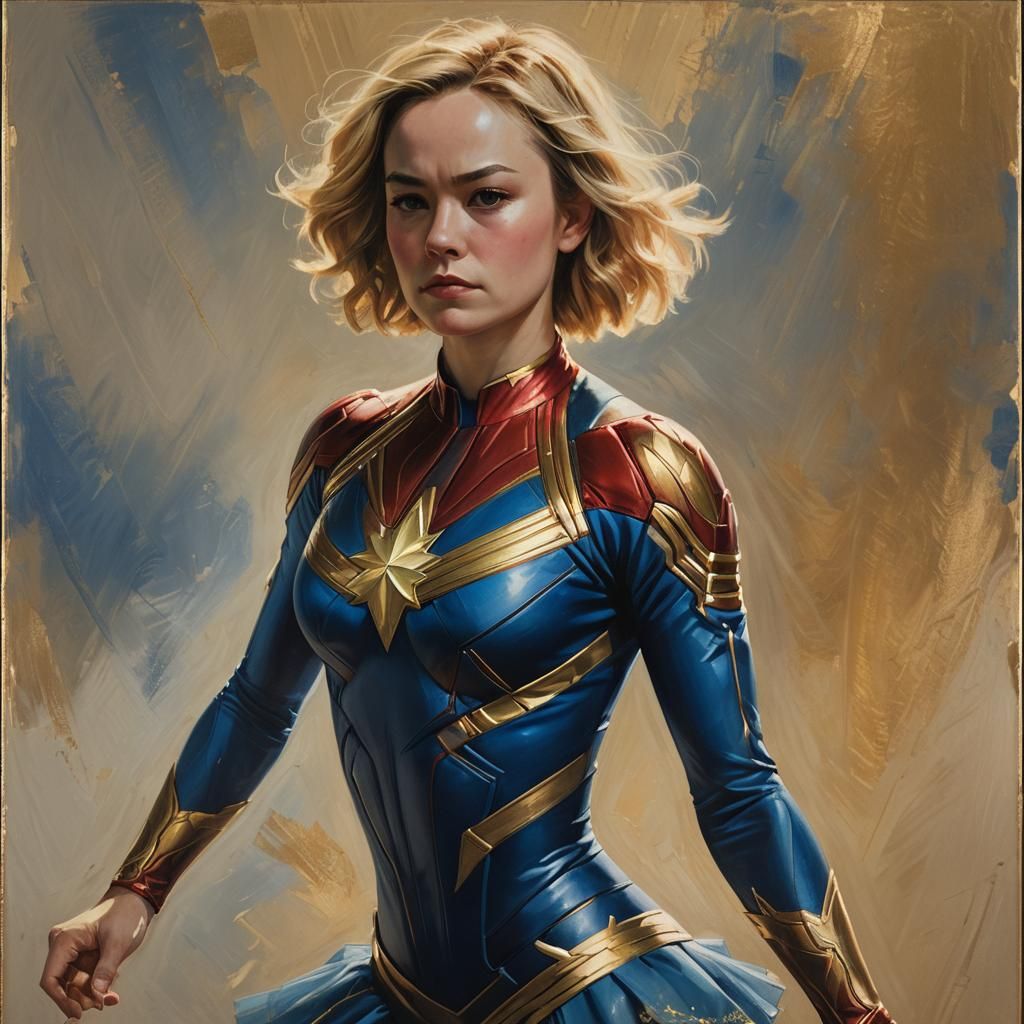 Captain Marvel in Blue Leotard, Oil Painting
