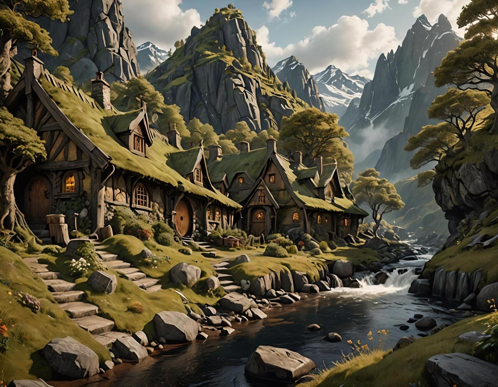 Hobbit Village by River in Folklore Style