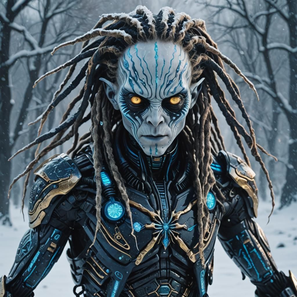 Alien with Black Markings in Cyberpunk Snowscape
