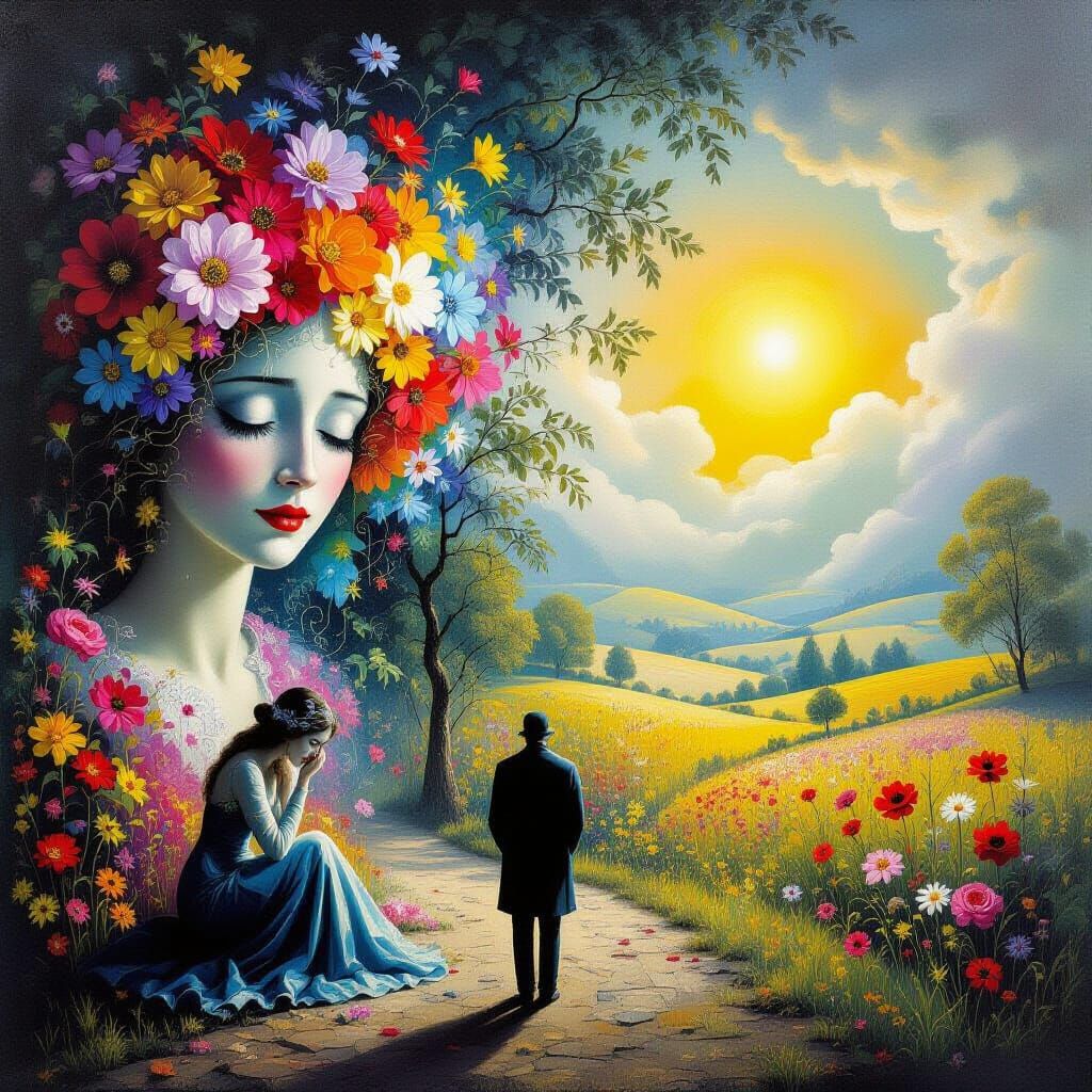 Surreal Oil Painting of Joy, Sadness, and Mystery