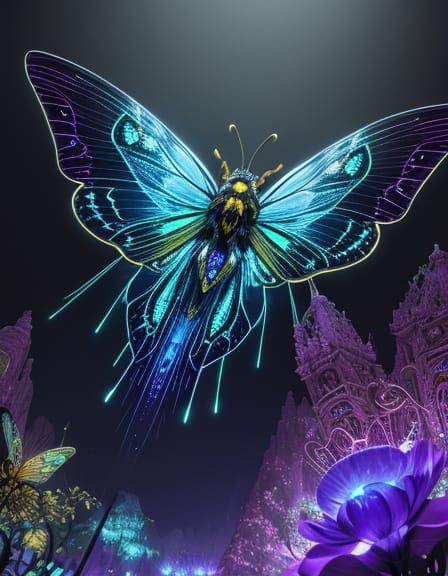 Ornate Clockwork Bumblebee Over Bioluminescent City