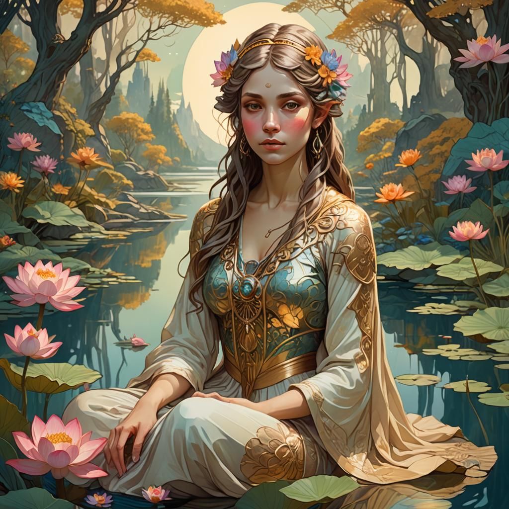 Ethereal Alien Meditating in Art Nouveau Style