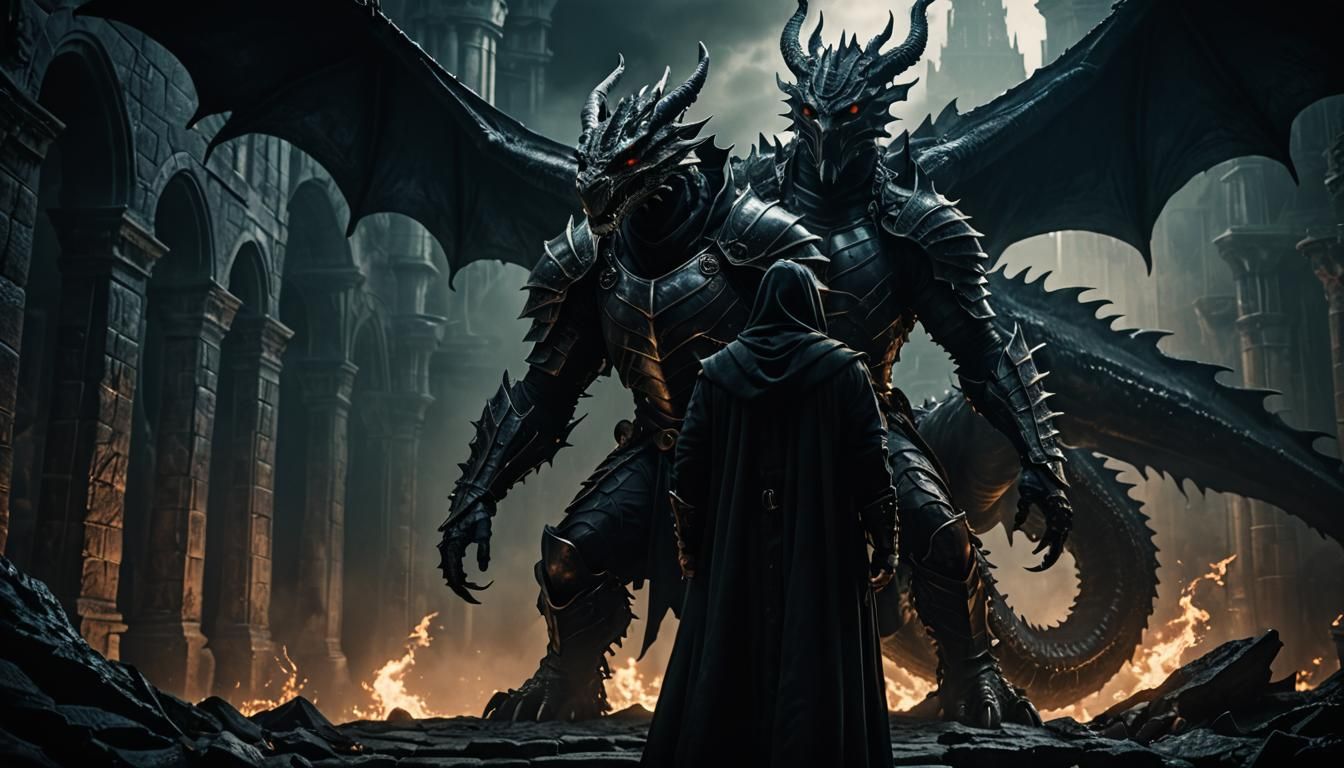 Knight and Dragon in Dark Fantasy Film Still