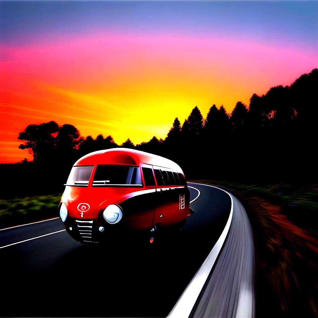 Red Dymaxion Car at Sunset: Hyperrealistic Concept Art