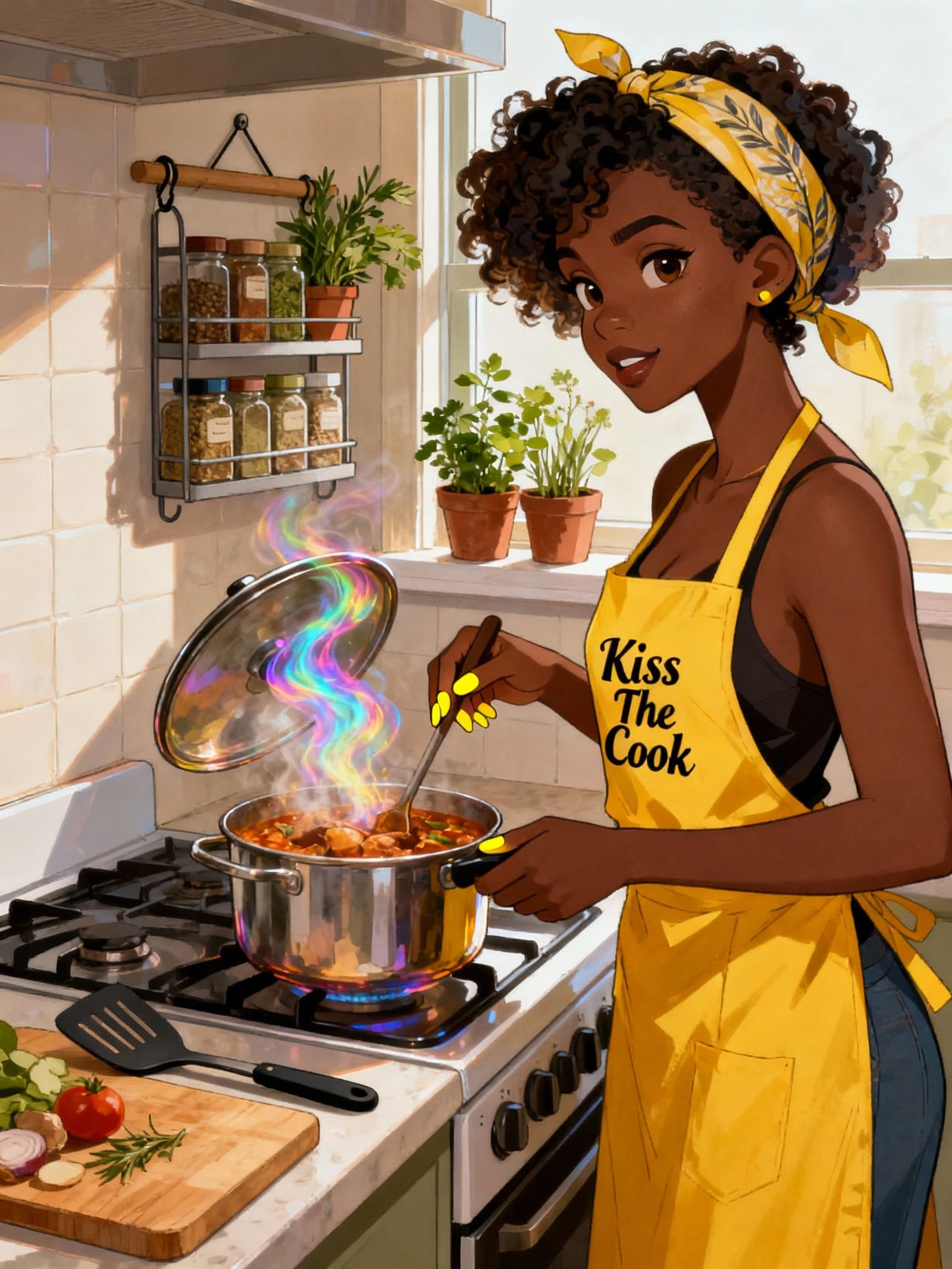 Black Woman Cooking Stew in Yellow Apron