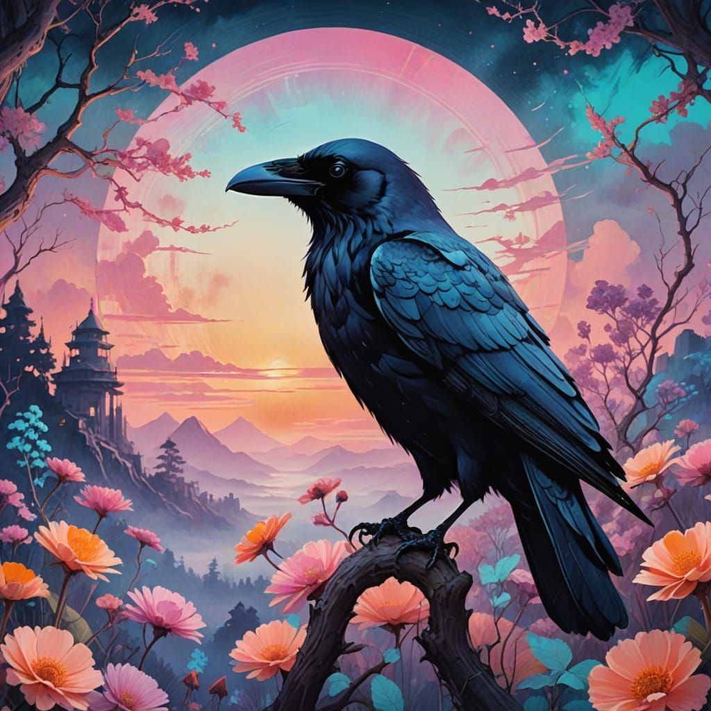 Ethereal Double Exposure of Raven, Skull, and Blooming Flowe...