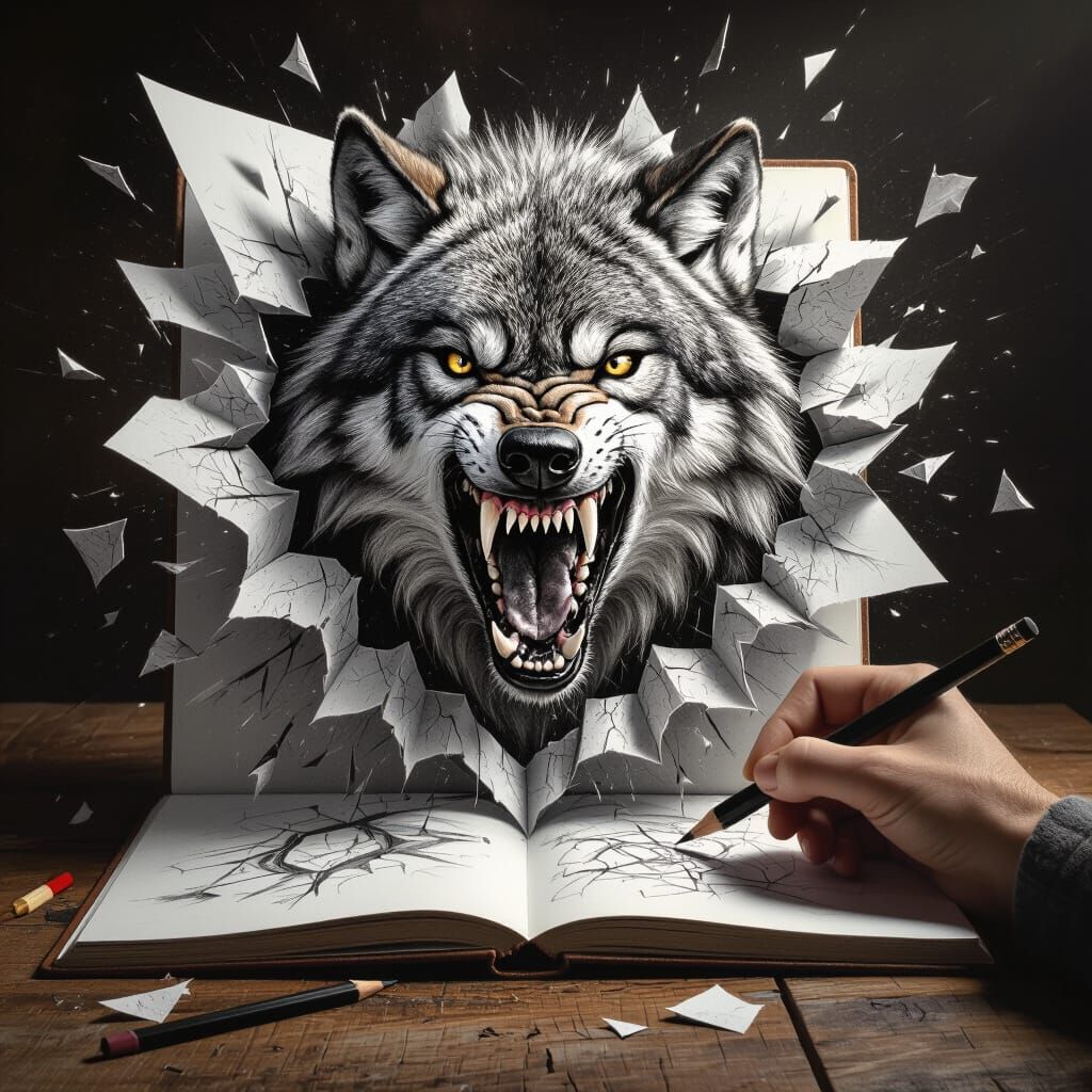 Wolf Emerging from Sketchbook: Hyperrealistic Pencil Art