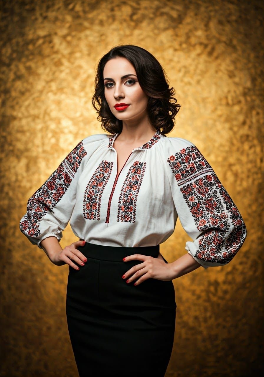 Elegant Woman in Traditional Romanian Folk Shirt