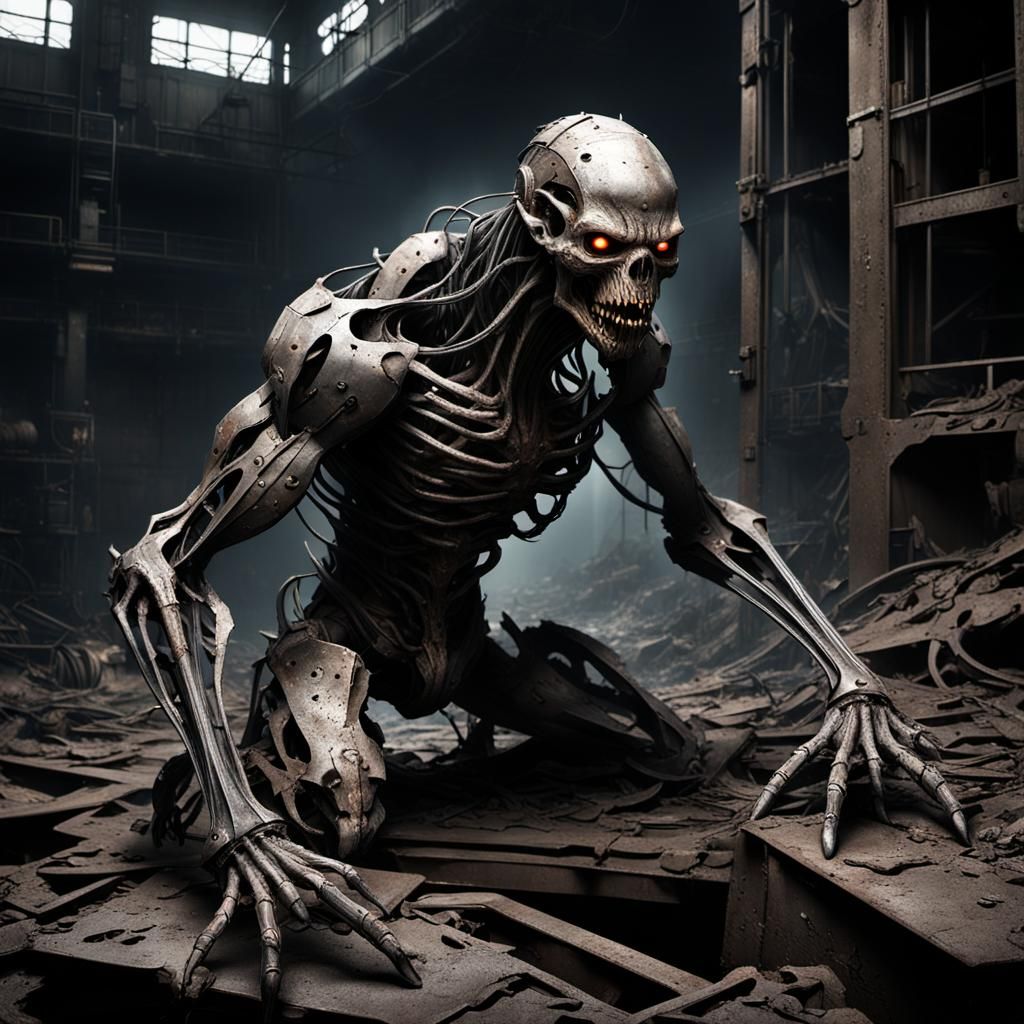 Grotesque Metal Creature in Industrial Wasteland