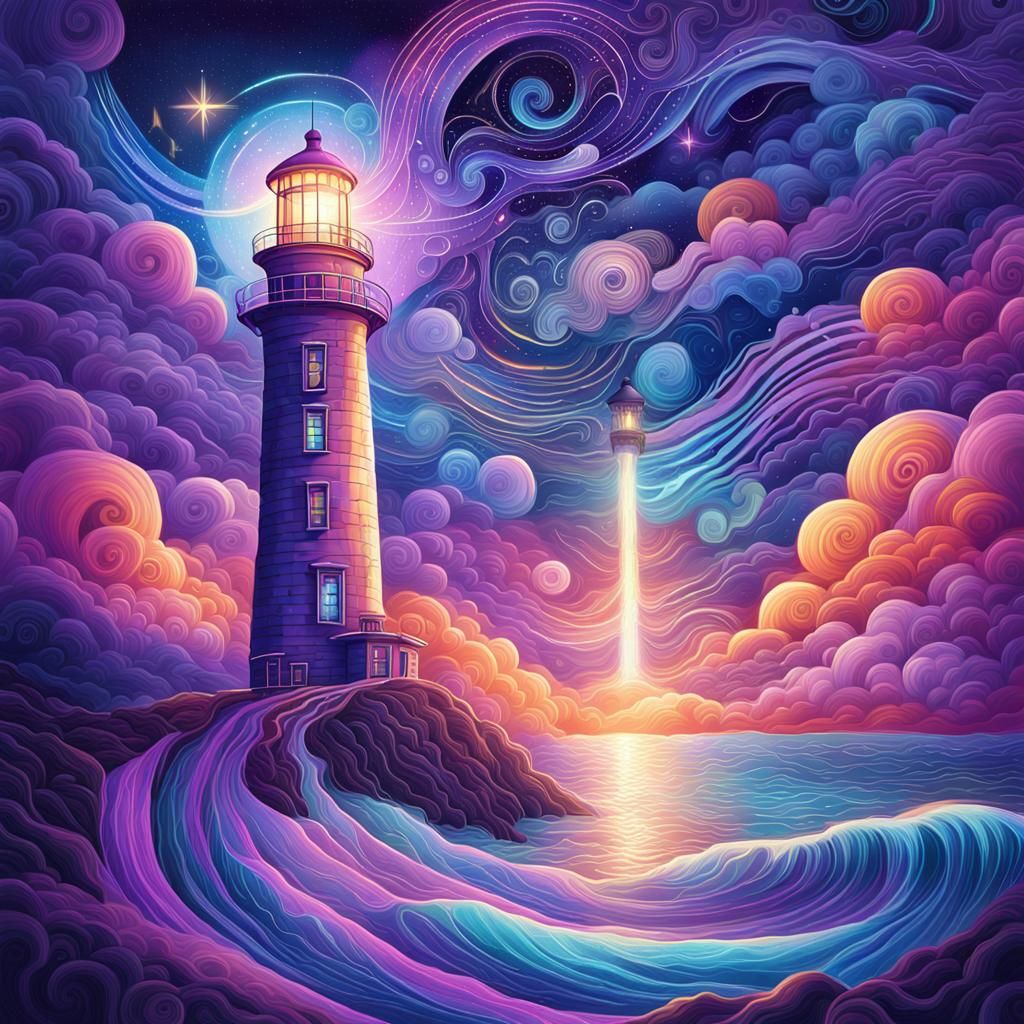 Colorful Lighthouse in Astral Cosmic Illustration