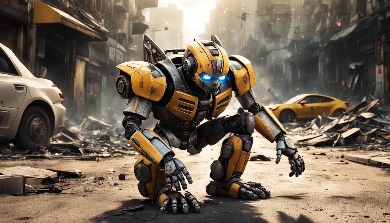 A hyper-realistic image of a small robot boy similar to Bumb...