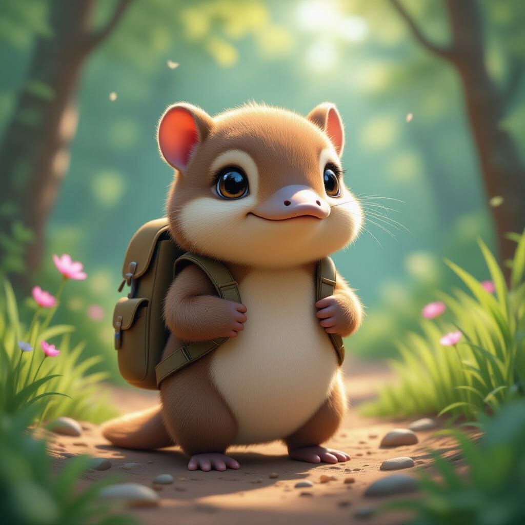 Adorable Platypus with Backpack in Anime Style