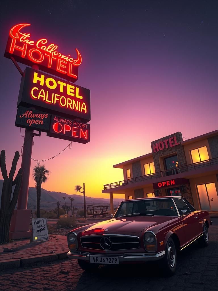 Hotel California in Desert Landscape, Dark Fantasy Art