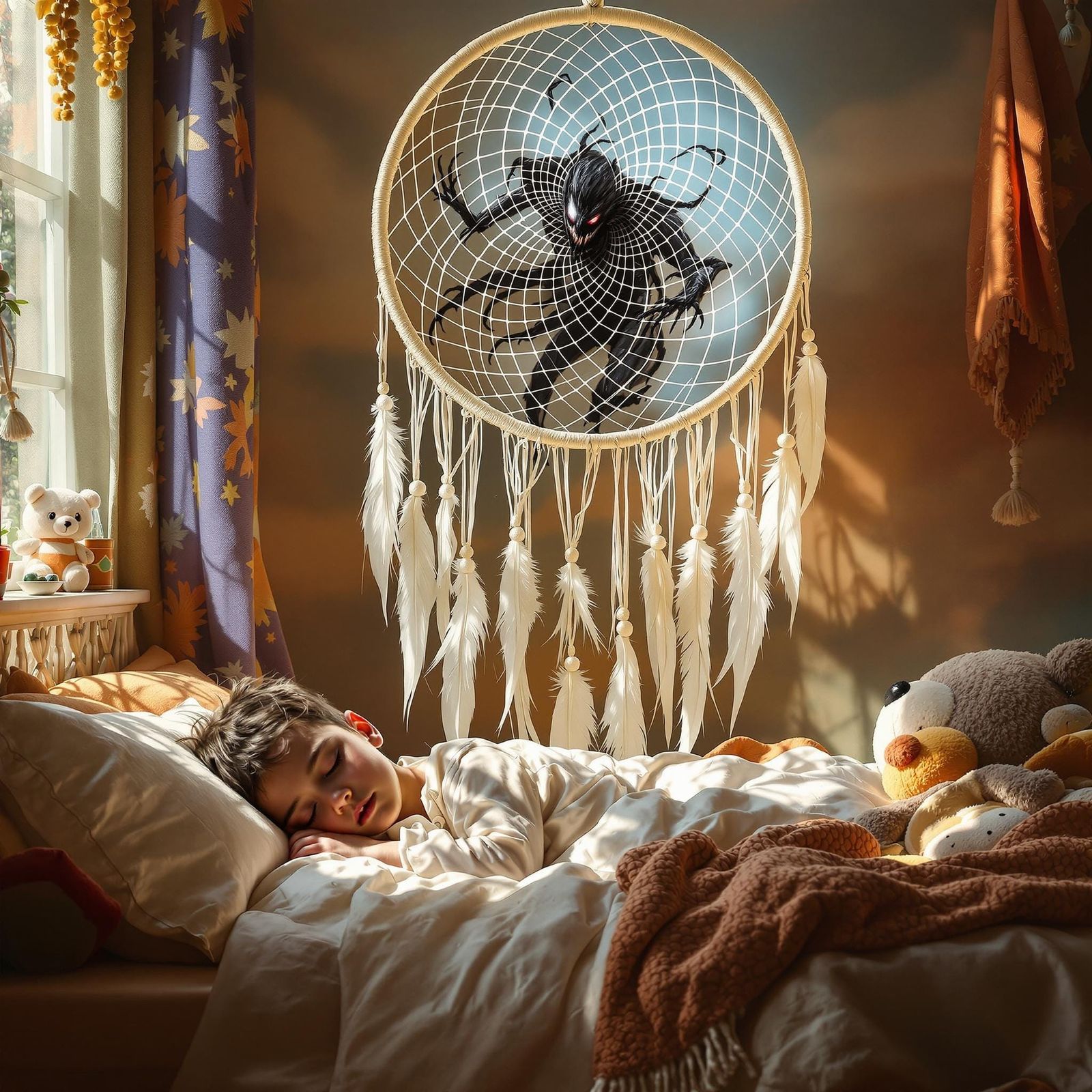 Serene Child in Cozy Bedroom with Majestic Dreamcatcher