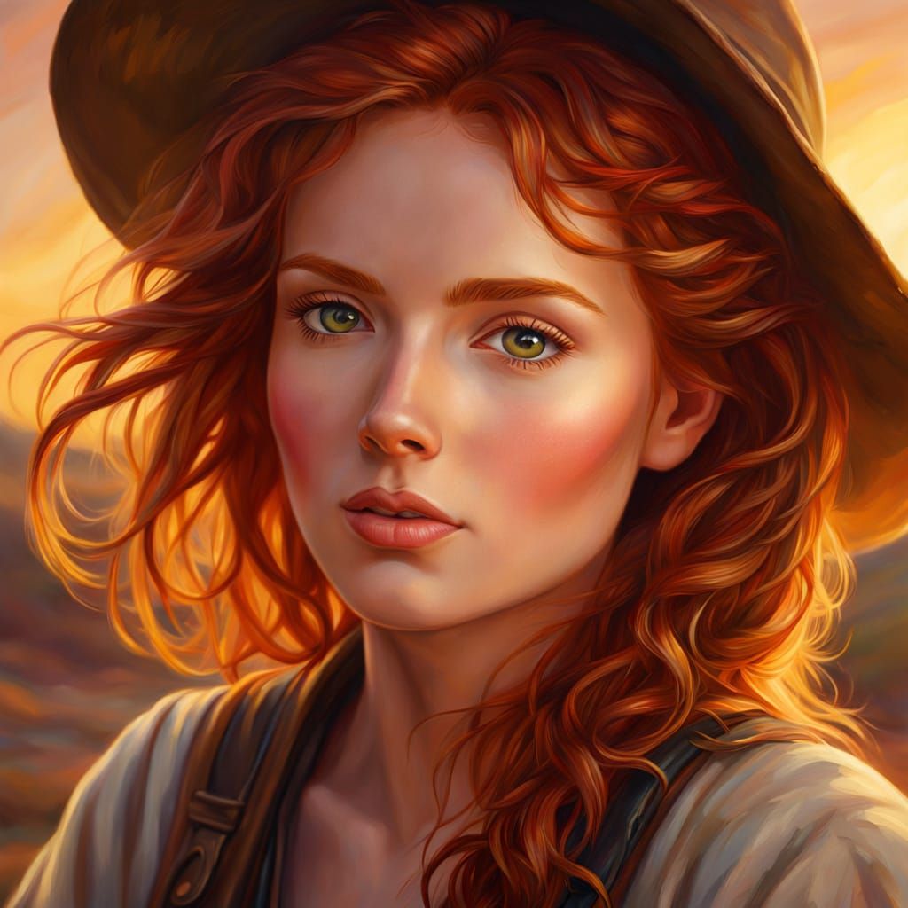 Redhead Explorer Gazing into Sunset: Oil Painting