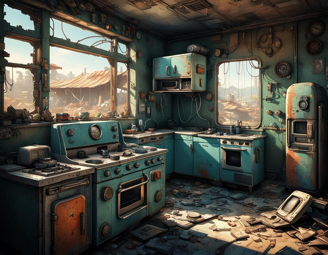 Ruined Retro-Futuristic House Interior in Post-Apocalyptic S...