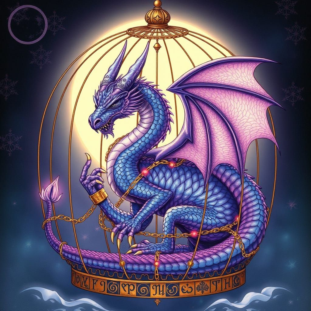 Dragon bound with magical chains in a cage