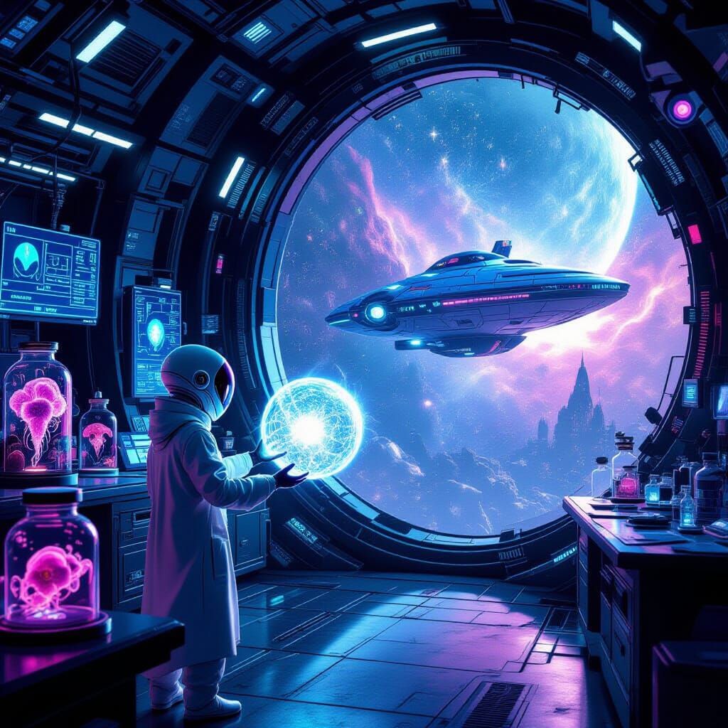 Alien Scientist With Glowing Tech in Futuristic Lab