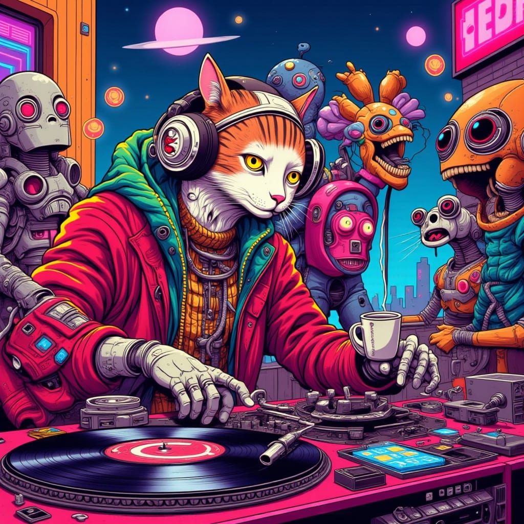 Cat DJ at Robot Party in Cyberpunk Style