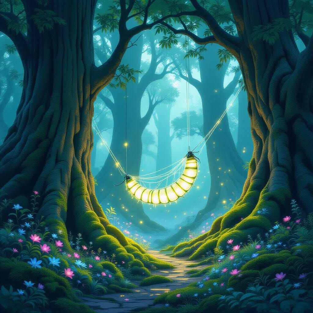 Bioluminescent Silkworm Weaving Web in Misty Grove
