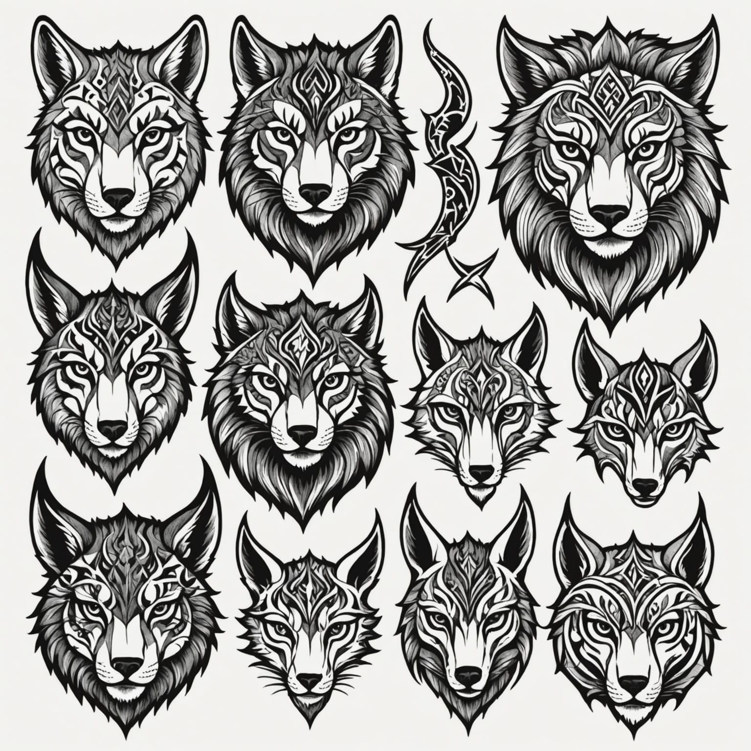 Stylized Wolf Flash Tattoo Designs