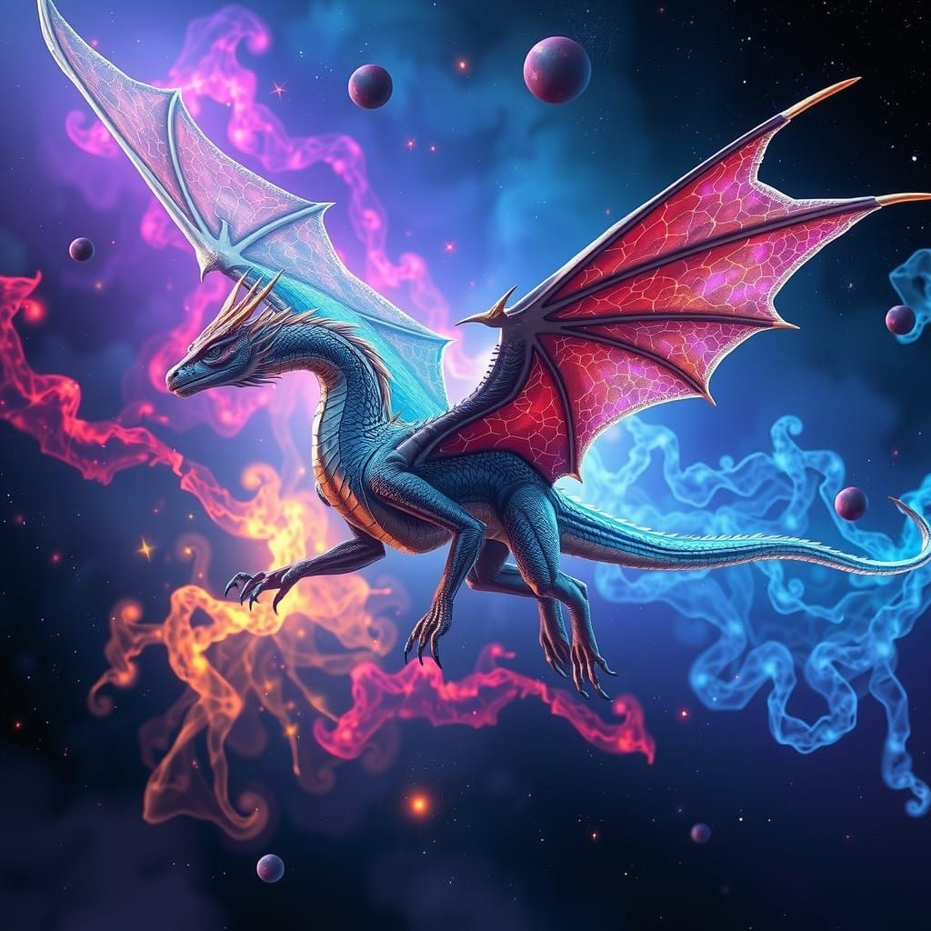 Bioluminescent Dragon Soaring Through Cosmic Nebula