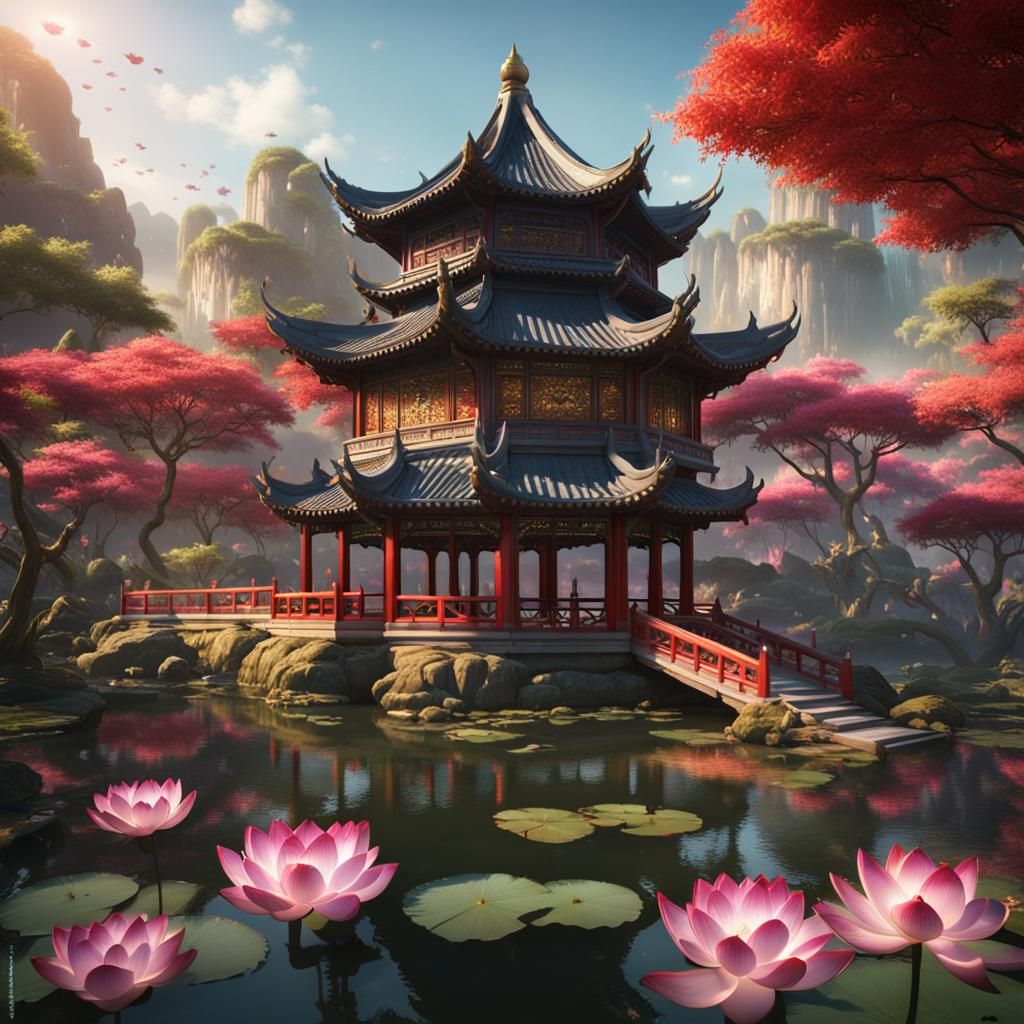 Chinese Pavilion with Lotus Pond: Detailed Matte Painting