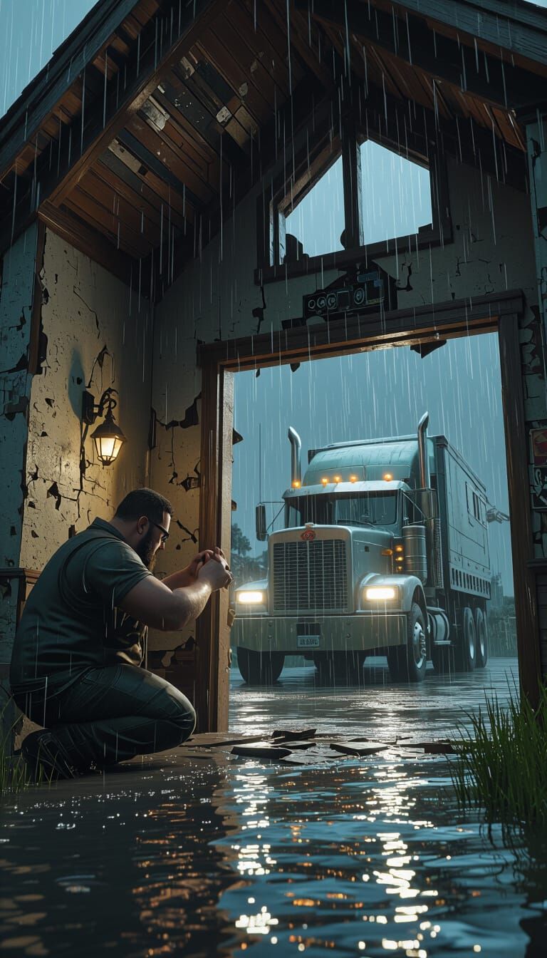 Man Repairs Dilapidated House in Sci-Fi Rainstorm