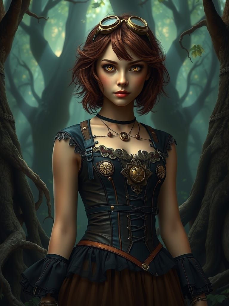 Steampunk Lady in a Misty Forest