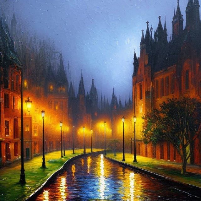 Gothic Village at Night in Neo-Impressionist Style