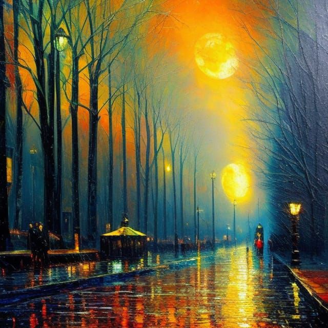Rainy Gothic Village at Night: Neo-Impressionist Oil Paintin...