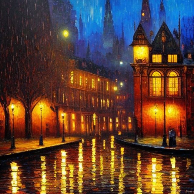 Gothic Village at Night: Neo-Impressionist Oil Painting