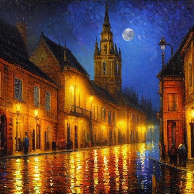 Rainy Gothic Village at Night: Neo-Impressionist Oil Paintin...